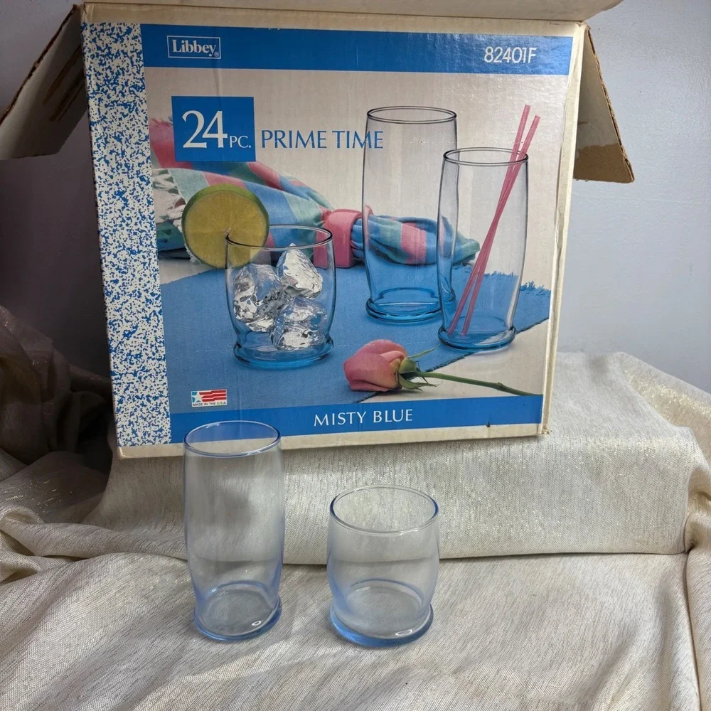 Libbey Prime Time 24 PC Misty Blue Glassware Set 8 Rocks 8 Beverage 8 Cooler
